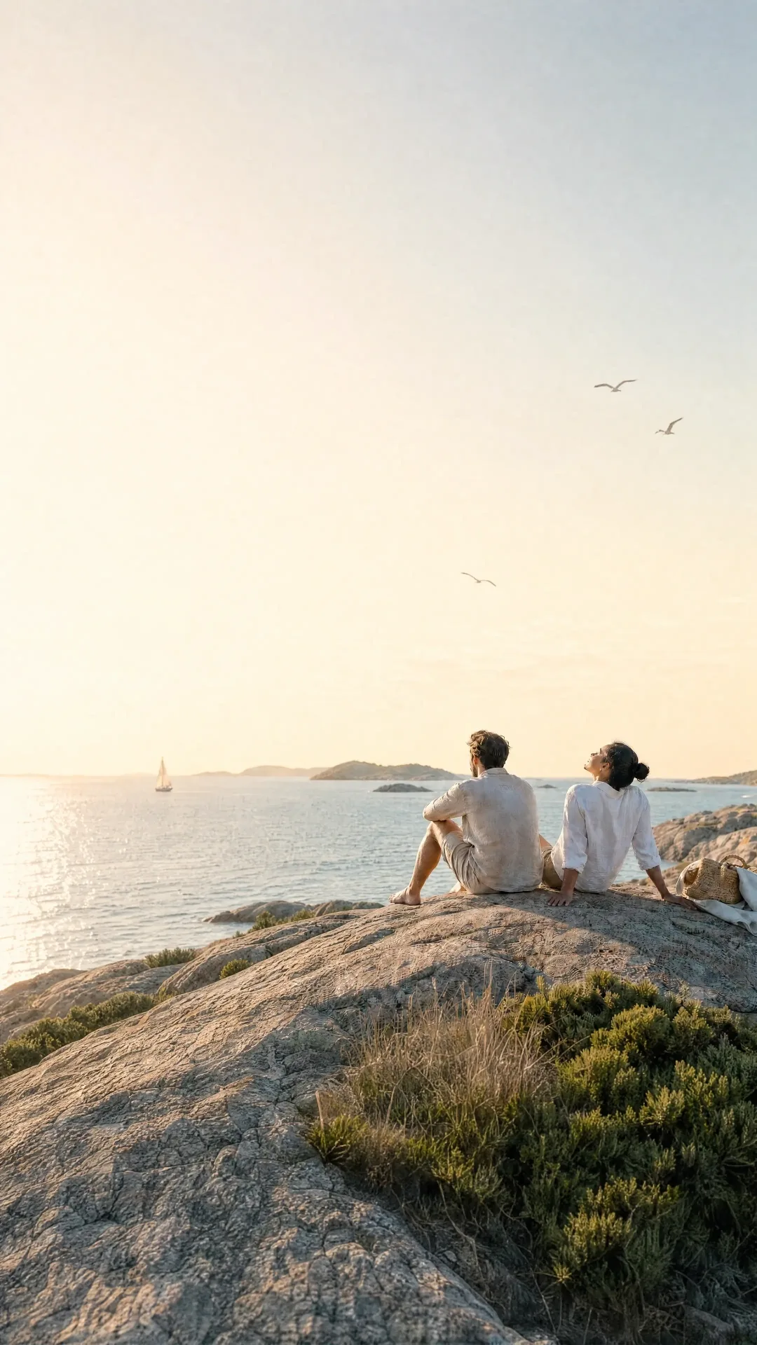 Par som sitter på klipporna vid havet i solnedgången